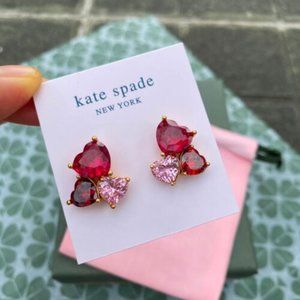 NEW Kate Spade Heart Stud Earrings Red Gold Tone Cubiz Zirconia Cluster Jewelry